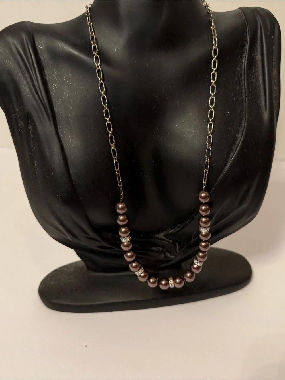 NECKLACE BROWN PEARLS WITH RHINESTONE RONDELLS ROSE GOLD COLOR CHAIN 19”